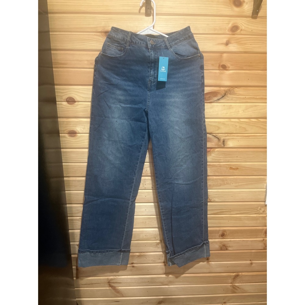 Cupshe Womens Hi  Waisted Straight Leg Cuffed Hem Denim Jeans Medium Wash Size S